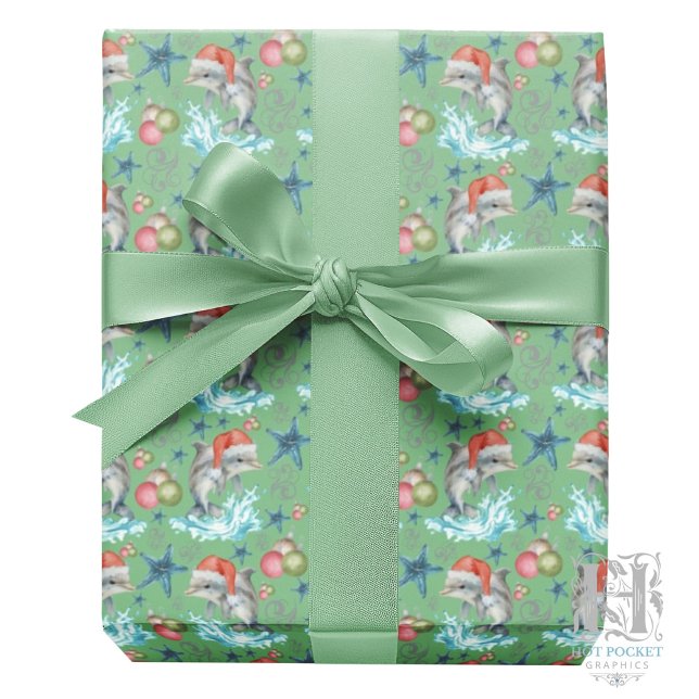 Papel de Regalo de Navidad de Delfines en Verde (Subido por el creador)