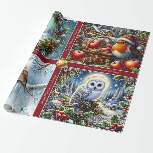 Papel de regalo de Navidad de hermosos pájaros de  (Desenrollado)