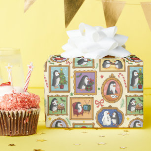 Papel de regalo de Navidad de pingüino dibujado a 