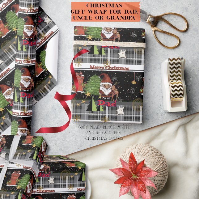 Papel de regalo de Navidad de Santa de cuadros gri (Gray Plaid Santa Christmas Wrapping Paper for Dad)