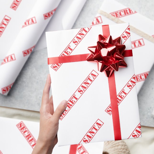 Papel de Regalo de Navidad de Texto de Santa Secre (A simple red and white Secret Santa stamped style wrapping paper for your annual Gift Exchange)