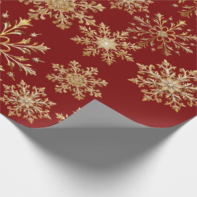 Papel de regalo de Navidad dorado y rojo con copos (Esquina)