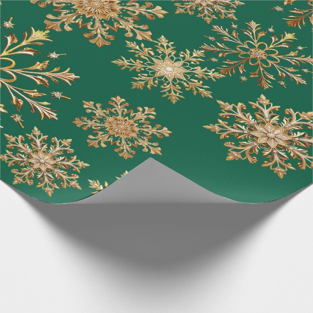 Papel de regalo de Navidad dorado y verde con copo (Esquina)