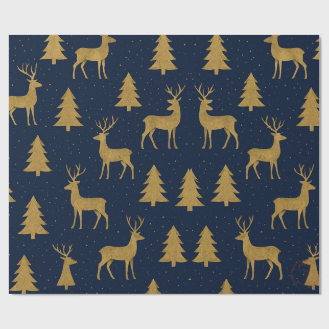 Papel de regalo de Navidad elegante de renos en az (Superficie plana)