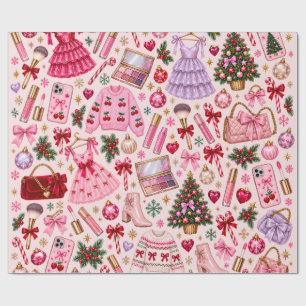 Papel de regalo de Navidad glamuroso y rosa con ma