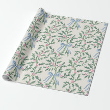Papel de regalo de Navidad Holly Vine y Blue Bow C