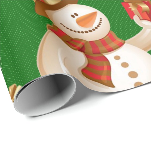 Papel de Regalo de Navidad Muñeco de Nieve Verde (Esquina del rollo)