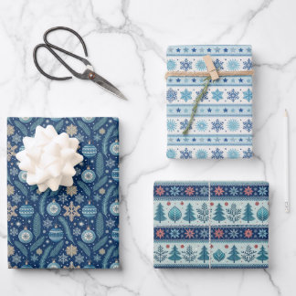 Papel de regalo de Navidad nórdico azul en hojas