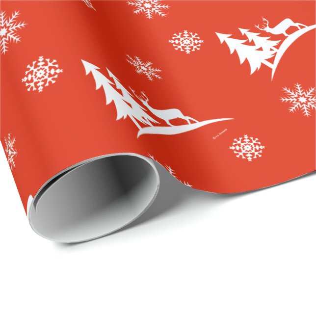 Papel de regalo de Navidad rojo con ciervos y copo (Esquina del rollo)