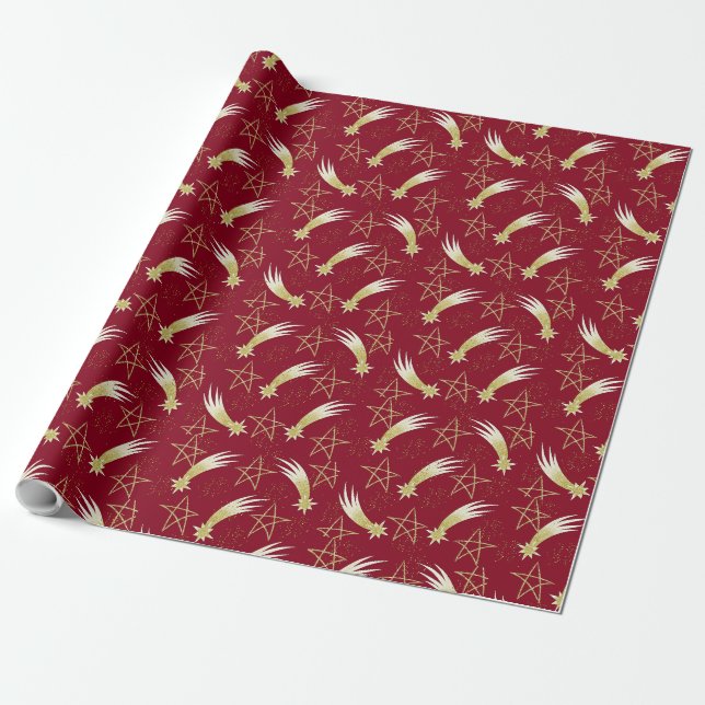 Papel de regalo de Navidad rojo con estrellas y br (Desenrollado)