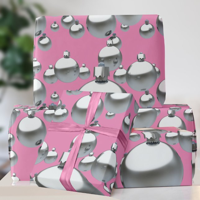 Papel de regalo de Navidad rosa caliente con adorn (A bold pink and silver Christmas Ornament pattern gift wrap just for you)