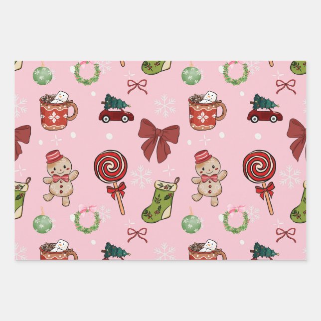 Papel de regalo de Navidad rosa juguetón (Anverso)