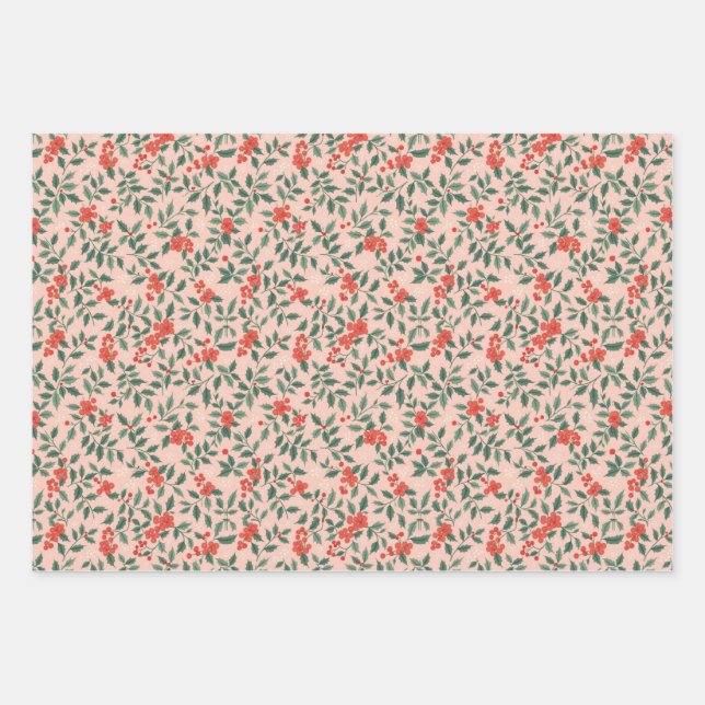 Papel de regalo de Navidad rosa y acebo (Anverso)