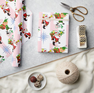 Papel de regalo de Navidad rosa y blanco con rayas