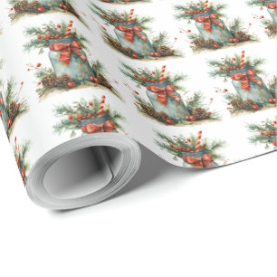 Papel de regalo de Navidad rústico con lazo rojo
