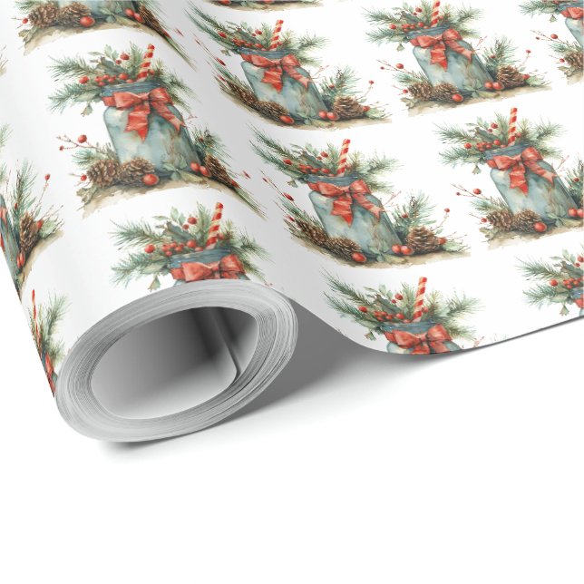 Papel de regalo de Navidad rústico con lazo rojo (Esquina del rollo)