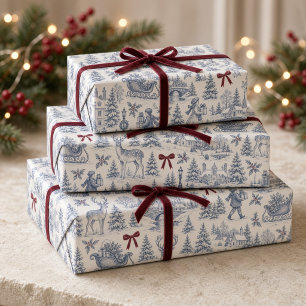 Papel de regalo de Navidad Toile Azul Vintage con