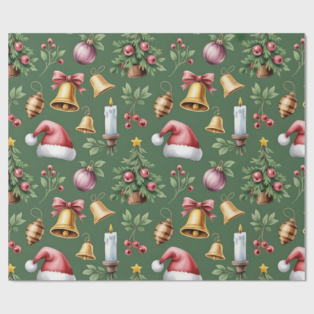 Papel de regalo de Navidad verde retro (Superficie plana)