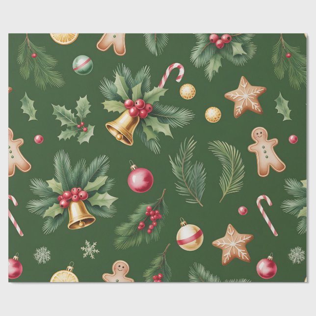 Papel de Regalo de Navidad Verde Retro (Superficie plana)