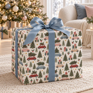 Papel de regalo de Navidad vintage con coches y ár