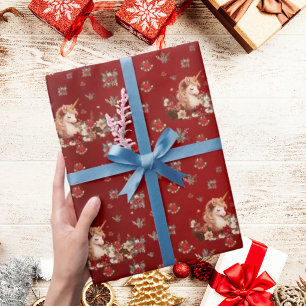Papel de regalo de niña unicornio de Navidad flora