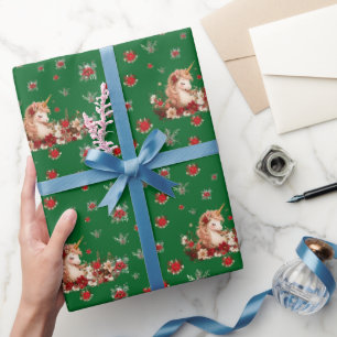 Papel de regalo de niña verde unicornio de Navidad