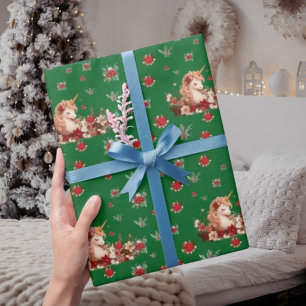 Papel de regalo de niña verde unicornio de Navidad