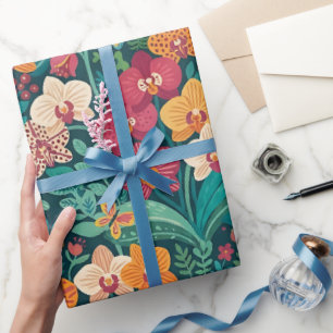 Papel de regalo de orquídeas y mariposas con arte