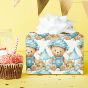 Papel de regalo de osito de peluche azul para bebé