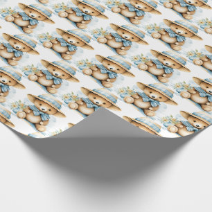 Papel de regalo de osito de peluche azul para bebé