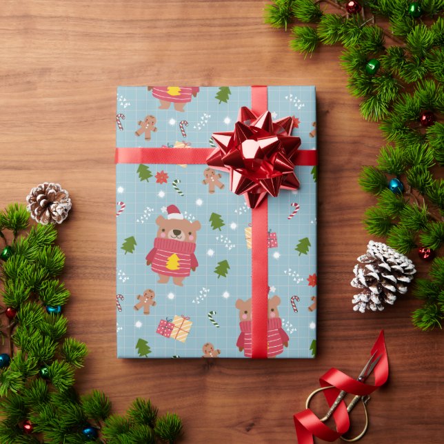 Papel de Regalo de Oso con Suéter Navideño (Regalo de vacaciones)