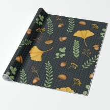 Papel de regalo de otoño oscuro con hojas de ginkg