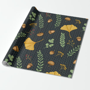 Papel de regalo de otoño oscuro con hojas de ginkg