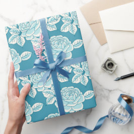 Papel de regalo de peonía vintage elegante en azul