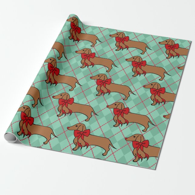 Papel de regalo de perro dachshund navideño Argyle (Desenrollado)