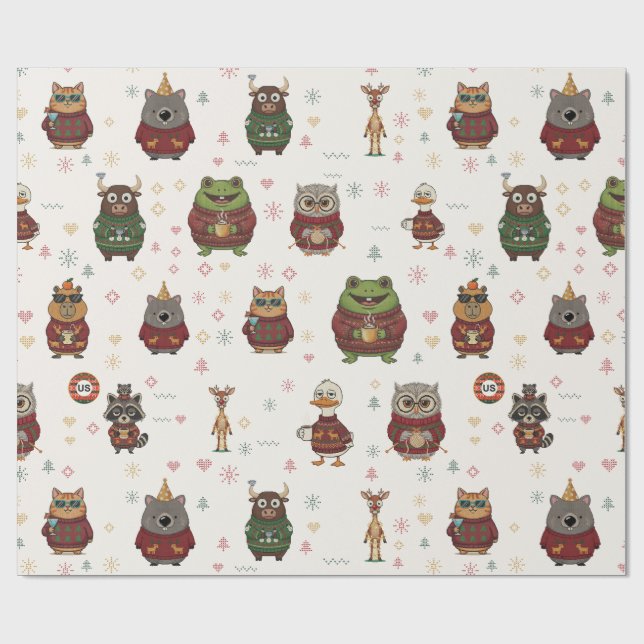 Papel de regalo de personajes de Navidad con jersé (Superficie plana)