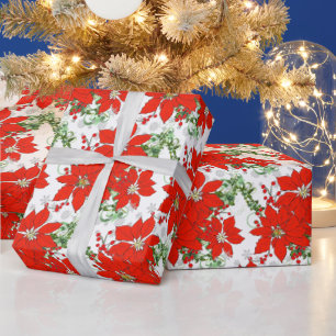 Papel de regalo de poinsettias rojas de Navidad