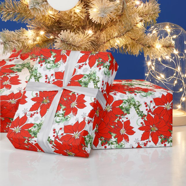 Papel de regalo de poinsettias rojas de Navidad (Vacaciones)