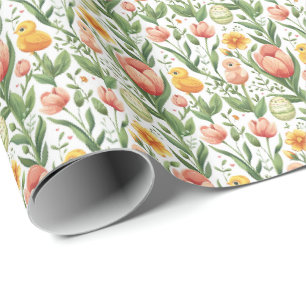 Papel de regalo de pollitos y tulipanes de Pascua