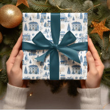 Papel de regalo de pueblo navideño azul Chinoiseri