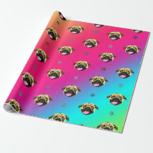 Papel de regalo de pug con franjas de arcoíris