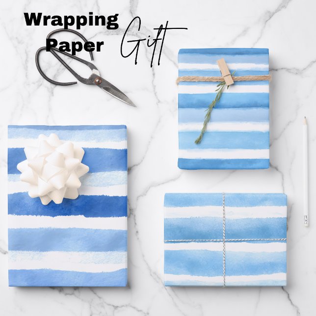 Papel de regalo de raya de acuarela azul (Blue Watercolor Stripe Wrapping Paper Sheets)