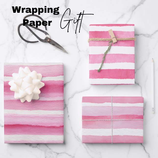 Papel de regalo de raya de acuarela rosa (Pink Watercolor Stripe Wrapping Paper Sheets)