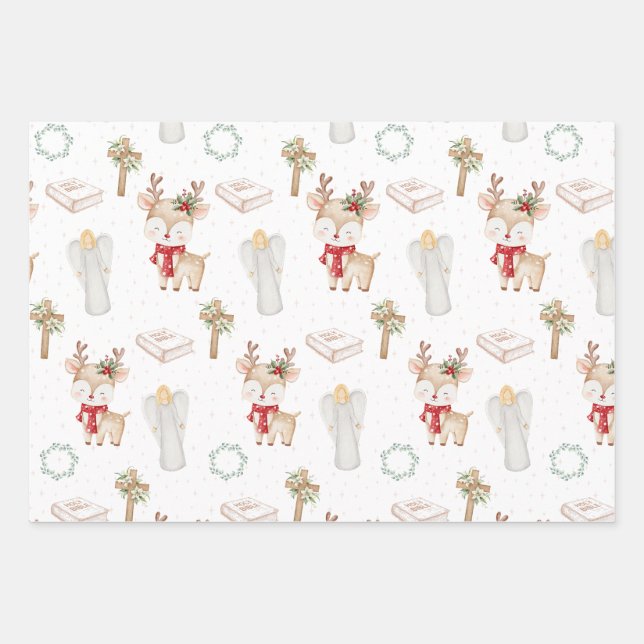 Papel de regalo de renos de Navidad cristianos (Anverso)