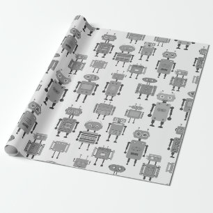 Papel de regalo de Robots Retro en Blanco y Negro