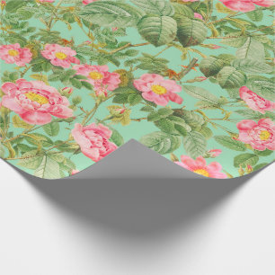 Papel de regalo de rosa vintage rosa en verde ment