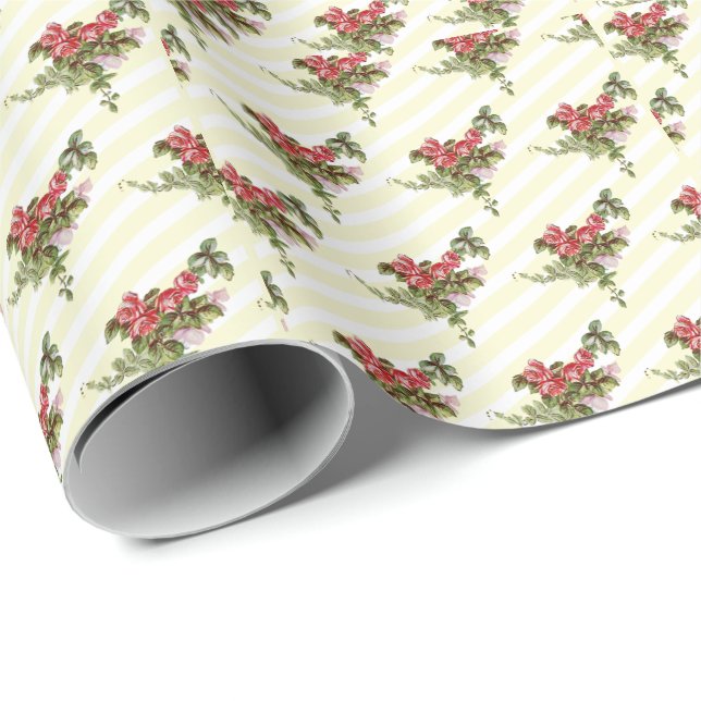 Papel de regalo de rosas de primavera sobre rayas  (Esquina del rollo)
