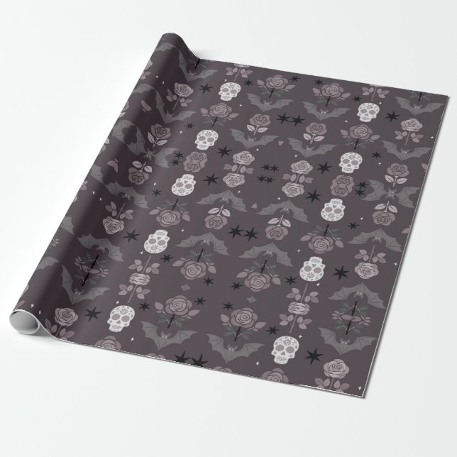 Papel de regalo de rosas góticas y murciélagos (Desenrollado)
