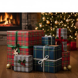 Papel de regalo de tartán rojo, verde y gris liso 