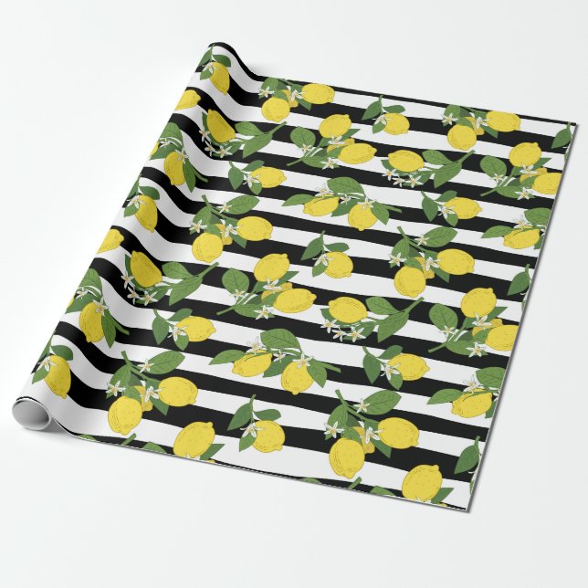 Papel de regalo de tiras negras amarillas de limón (Desenrollado)